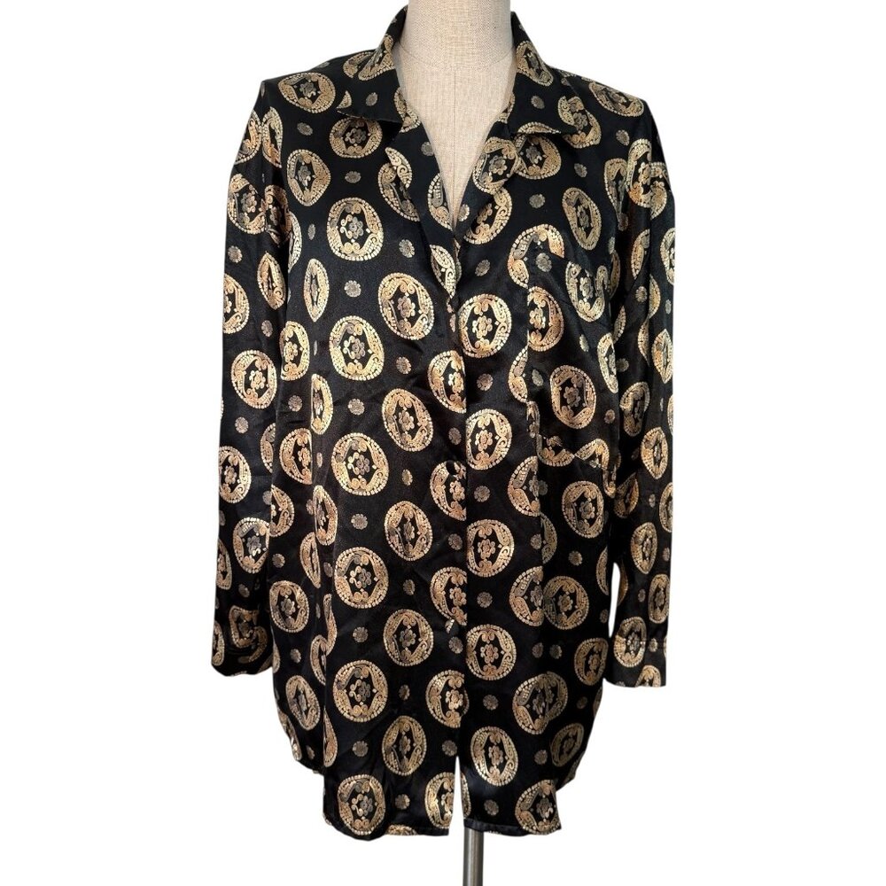 Amelia’s Black & Gold Medallion Nightshirt Size Large Button Front Nightdress - Picture 2 of 6